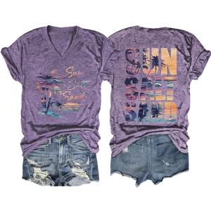 Front and back detail of purple V-neck T-shirt with Sun Salt Sand beach print