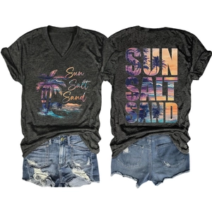 Front and back view of V-neck T-shirt with Sun Salt Sand palm tree print and denim shorts