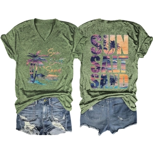 Detail of V-neck T-shirt back print with Sun Salt Sand text and palm tree graphics