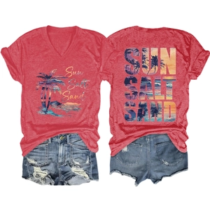 Flat lay of red Sun Salt Sand V-neck T-shirt with distressed denim shorts for summer