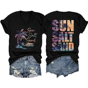 Women V Neck T-Shirt Cotton Blend Tropical Palm Tree Print Sun Salt Sand Short Sleeve Loose Casual Beach Top