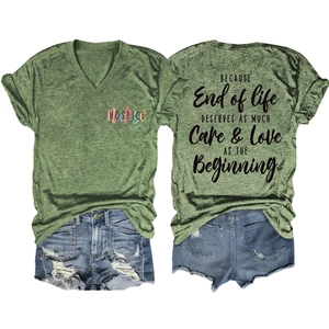 T-shirt col V vert chiné avec imprimé Hospice et texte inspirant dans le dos