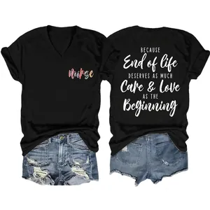 T-Shirt À Col En V Pour Femmes Manches Courtes Mélange De Coton Imprimé Hospice Citation Inspirante Haut Décontracté Coupe Ample