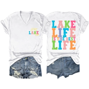 Detailed view of white V-neck T-shirt with Lake Life print and distressed denim shorts