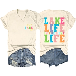Detailed front and back view of V-neck T-shirt with Lake Life sun print and denim shorts