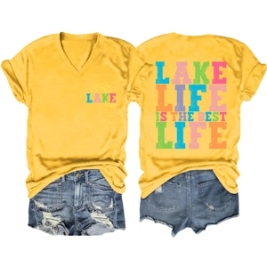 Women's yellow V-neck Lake Life T-shirt and distressed denim shorts summer set