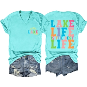 Detailed view of the Lake Life slogan print on a mint green V-neck summer t-shirt