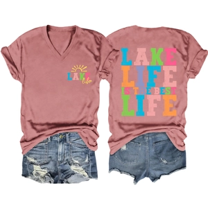 Front and back view of V-neck T-shirt with Lake Life slogan and denim shorts