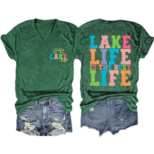 Deep green V-neck T-shirt with 'Lake Life' print showing front and back views