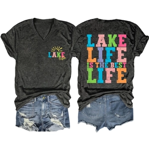 Front and back view of Lake Life T-shirt with V-neck and colorful graphic text print