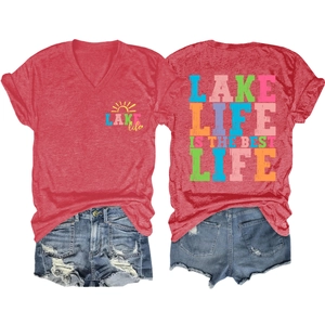 Front and back views of red V-neck T-shirt with Lake Life Is The Best rainbow graphics
