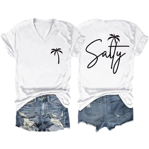 Detail view of white V-neck T-shirt with Salty text and coconut tree print on the back