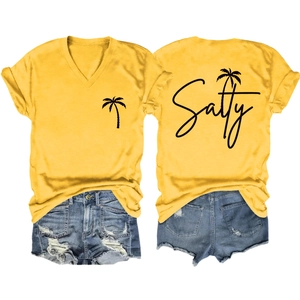 Front and back detail of yellow V-neck T-shirt with Salty palm tree print and denim shorts