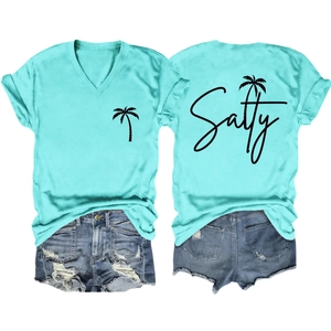 Front and back view of V-neck T-shirt with Salty palm tree print and denim shorts