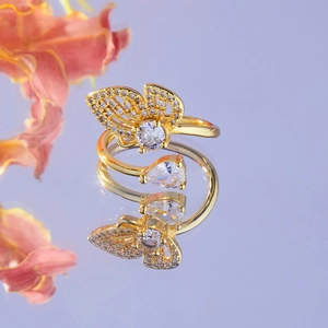 Bague Ajustable Papillon En Cuivre Plaqué Or Avec Zircon Incrusté Bijoux De Mode Élégants Pour Femmes