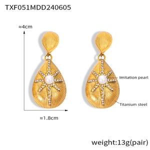 Detail view of gold titanium steel teardrop earrings with starburst texture and pearls