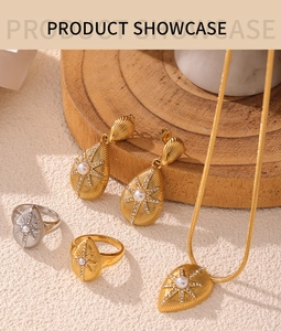 Detail of luxury starburst pearl jewelry set with gold drop earrings and necklace