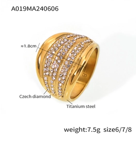 Macro view of 1.8cm wide gold titanium steel ring with rows of sparkling Czech diamonds