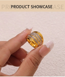 Detailed close-up of a wide gold-plated ring featuring four parallel rows of inset zircon