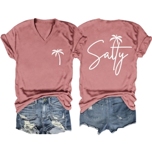Detail view showing front and back salty palm tree print on a V-neck T-shirt and denim shorts