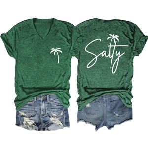 Detail of V-neck dark green Salty palm tree print T-shirt with denim shorts set