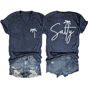 Detailed front and back views of V-neck T-shirt with Salty palm tree print and denim shorts