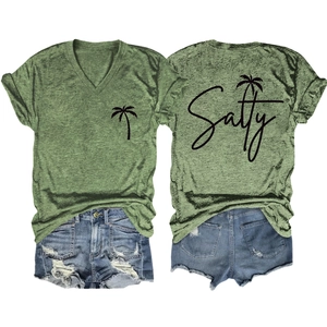 Front and back detail of V-neck T-shirt with Salty text and palm tree print