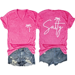 Detail of pink V-neck Salty palm tree print T-shirt and ripped denim shorts set