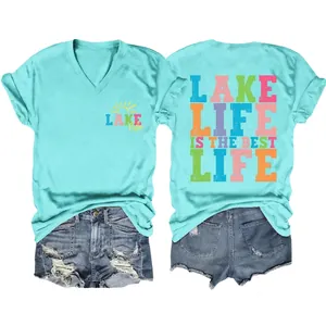 Women Casual Summer T-Shirt And Denim Shorts Lake Life Is The Best Life Double Sided Print V-Neck Short Sleeve Top Outfit