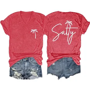 Women Summer Beach Casual V Neck Short Sleeve Cotton Blend T-Shirt And Ripped Denim Shorts Salty Palm Tree Print
