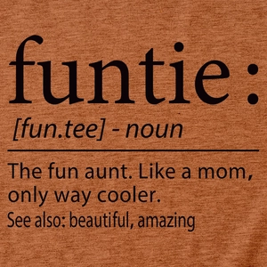 Macro shot of black funtie definition text print on caramel cotton knit t-shirt fabric