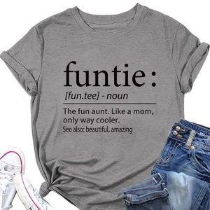 Close-up of dark grey cotton T-shirt featuring funtie noun dictionary print and knotted hem
