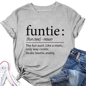 Detail of gray crew neck T-shirt with black 'funtie' noun definition print on fabric