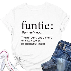 Close-up of white crew neck cotton T-shirt featuring funtie noun dictionary print