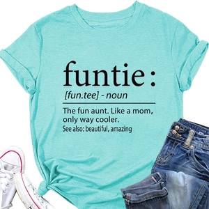 Detailed close-up of mint green cotton t-shirt featuring 'funtie' dictionary print design
