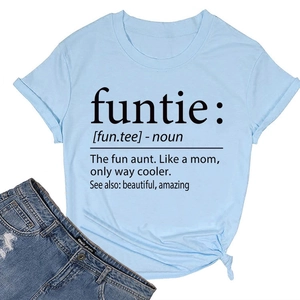 Flat lay detail of light blue crew neck t-shirt with funtie letter print and denim shorts