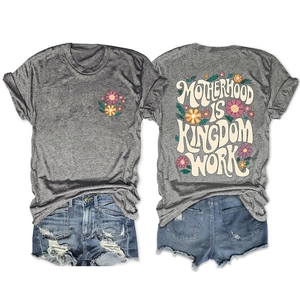 Flat lay detail of grey Motherhood t-shirt back with floral graphics and denim shorts