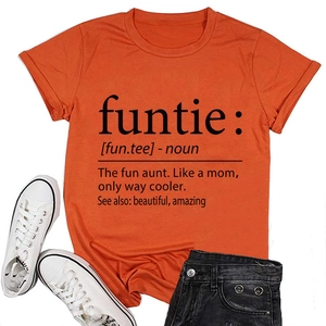 Detailed view of the orange cotton T-shirt featuring a funny black funtie noun print