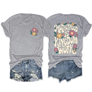 Detailed back view of grey cotton T-shirt featuring Motherhood Is Kingdom floral print
