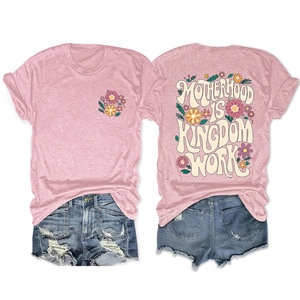Detail of pink crewneck T-shirt with Motherhood is Kingdom Work floral back print