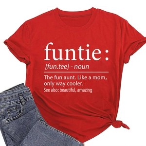Detail of red short sleeve T-shirt with white letter print text and blue jeans