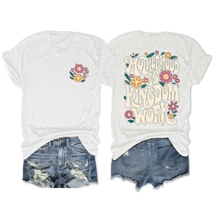 Detailed front and back view of white cotton T-shirt with Motherhood Is Kingdom floral print