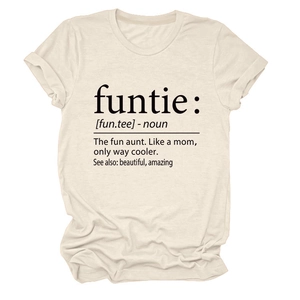 Flat lay of cream crew neck T-shirt with black dictionary definition print of Funtie