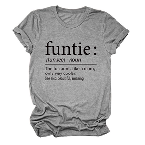 Detail of grey cotton T-shirt featuring funtie noun dictionary definition slogan print
