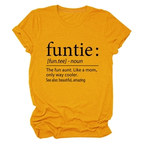 Detail view of mustard yellow crew neck T-shirt with black funtie definition print