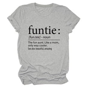 Detail shot of grey cotton T-shirt featuring a minimalist black dictionary definition print