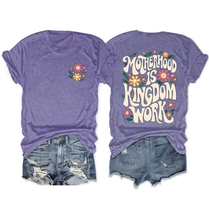 Front and back view of purple motherhood is kingdom t-shirt with floral print and slogans