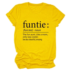 Detail of the funtie word definition print on a yellow cotton round neck T-shirt