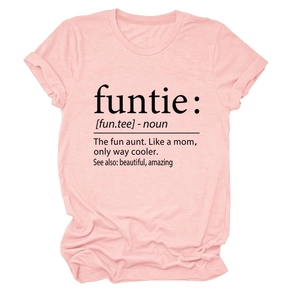 Detailed close-up of funtie noun letter print on pink crewneck cotton T-shirt