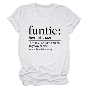 Detailed close-up of 'funtie' noun definition print on a white crew neck cotton T-shirt